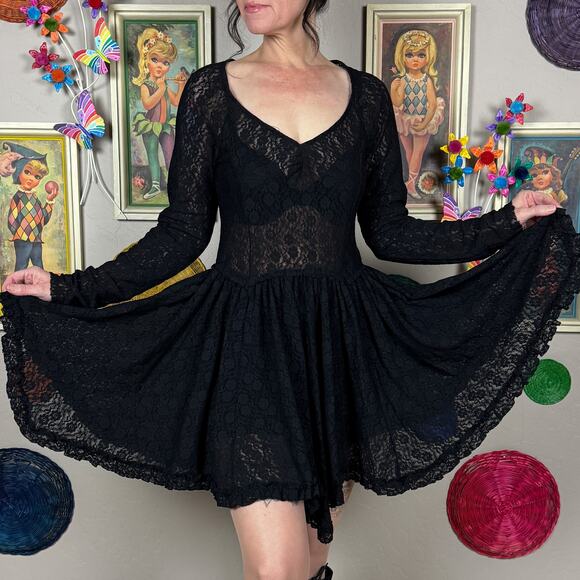 Free People Sheer Black Lace Long Sleeve Mini Dress - Picture 5 of 8